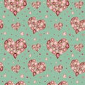 Seamless pattern Watercolor Heart from red pink crystal with gold element on green mint background. Wedding Love Royalty Free Stock Photo