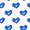 Seamless pattern with watercolor hearts. Polygon blue hearts.