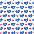 Seamless pattern with watercolor hearts. Polygon blue and red hearts.