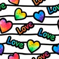 Seamless pattern with watercolor hearts, Pride, Valentines day background wrapping or fabric design