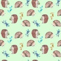Seamless pattern with watercolor hedgehogs and forest plants Royalty Free Stock Photo