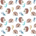 Seamless pattern with watercolor hedgehogs and forest plants