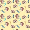 Seamless pattern with watercolor hedgehogs and forest plants Royalty Free Stock Photo