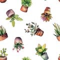 seamless pattern of watercolor houseplants in pots on a white background