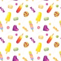 Seamless pattern with watercolor ice cream, candies, lollipop and macaroons isolated on white background