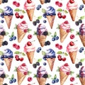 Seamless pattern with watercolor ice cream and fresh blueberry, raspberry, blackberry and cherry isolated on white Royalty Free Stock Photo