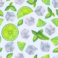 Seamless pattern with watercolor ice cubes, mint leaves and lime Royalty Free Stock Photo