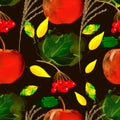 Seamless pattern watercolor illustration of autumn elements: red apples, viburnums, spikelets, leaves on black