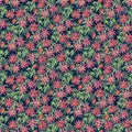 Seamless pattern watercolor illustration, curly red flowers Clematis on green blue background.