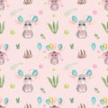 Seamless pattern Watercolor illustration of a cute baby hippo, elephant. Festive character in a crown, bow, air balloon