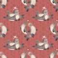 Seamless pattern. Watercolor illustration with cute seal love couple on red textured background with hearts