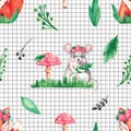 Seamless pattern watercolor illustration of a Fox mouse plants Hand painted animal forest set Royalty Free Stock Photo