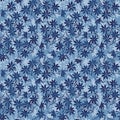 Seamless pattern, watercolor illustration, gentle blue clematis flowers on a blue background.