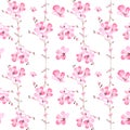 Seamless pattern of watercolor illustration of pink sakura blossoms