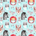 Seamless pattern Watercolor illustration portrait of a lion cub Zebra Bunny Fox Hippo nurse. Hand painted medicine animals doctor Royalty Free Stock Photo