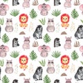 Seamless pattern Watercolor illustration set Safari baby animals Nursery decor Baby shower Tropical animals Elephant Royalty Free Stock Photo