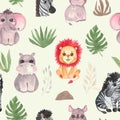 Seamless pattern Watercolor illustration set Safari baby animals Nursery decor Baby shower Tropical animals Elephant Royalty Free Stock Photo