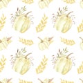 Seamless pattern with watercolor illustrations of pumpkins for cards, decor, backdrops, design and textile.