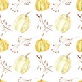 Seamless pattern with watercolor illustrations of pumpkins. For decor and design.