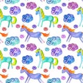 Seamless pattern of watercolor illustrations: unicorns of purple and turquoise color with clouds on a white background.