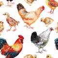 Seamless pattern with watercolor image of cock, hens and chicken.