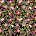 Seamless pattern of watercolor images of red apples and apple blossoms on a black background. Royalty Free Stock Photo