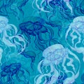 Seamless pattern with watercolor jellyfish on blue background. Royalty Free Stock Photo