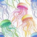 Seamless pattern with watercolor jellyfish on white background