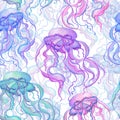 Seamless pattern with watercolor jellyfish on white background.