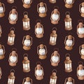 Seamless pattern with watercolor kerosene lanterns. Hand painted endless texture. Old rusty lamps. Vintage elements on dark Royalty Free Stock Photo