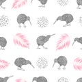 Seamless pattern with watercolor kiwi birds and palm leaves.