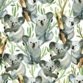 Seamless pattern of watercolor koala with bamboo