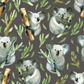 Seamless pattern of watercolor koala is holding the bamboo