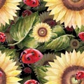 Seamless pattern of watercolor ladybug on the side of a sunflower on black Royalty Free Stock Photo