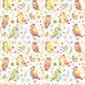 Seamless Pattern With Watercolor Leaves, Colorful Birds And Spots Royalty Free Stock Photo