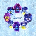 Seamless pattern with Watercolor Violet Flowers Pansy and Leaves on blue background. Botanical watercolor illustration Royalty Free Stock Photo