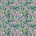 Seamless pattern watercolor lilac on green background. Spring hand-drawn purple flower with leaves for wedding Royalty Free Stock Photo