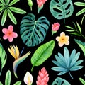 Seamless pattern with watercolor lush greenery and flowers of tropical plants Royalty Free Stock Photo