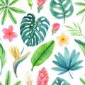 Seamless pattern with watercolor lush greenery and flowers of tropical plants