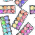 A seamless pattern with the watercolor makeup eyeshadow palettes. Royalty Free Stock Photo