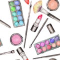 A seamless pattern with the watercolor makeup tools: blusher, eyeshadow, lipstick and makeup brushes.