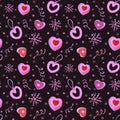 Seamless pattern with Watercolor marshmallow pink hearts and splashes on a dark background