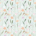 Seamless pattern of watercolor meadow flowers, grasses and wildflowers