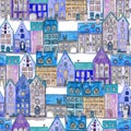 Seamless pattern of watercolor medieval houses in the night