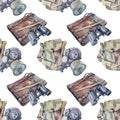 Seamless pattern watercolor military vintage gas mask, bag, brown retro file folder and binoculars on white background