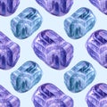 Seamless pattern watercolor mineral crystal purple amethyst on blue background. Hand-drawn gemstone object for