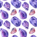 Seamless pattern watercolor mineral crystal purple amethyst isolated on white background. Hand-drawn treasure gemstone