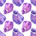 Seamless pattern watercolor mineral crystal purple amethyst isolated on white background. Hand drawn treasure gemstone