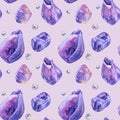 Seamless pattern watercolor mineral purple quartz, amethyst, bead pearl on pink background. Hand drawn gemstone for Royalty Free Stock Photo