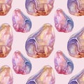Seamless pattern watercolor mineral purple quartz on pink background. Hand drawn gemstone for meditation, office